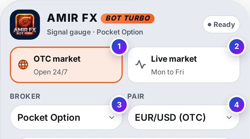The top of Amir FX Bot Turbo: the OTC market card chosen and open 24/7, the Live market card, and the Broker and Pair pickers set to Pocket Option and EUR/USD (OTC)