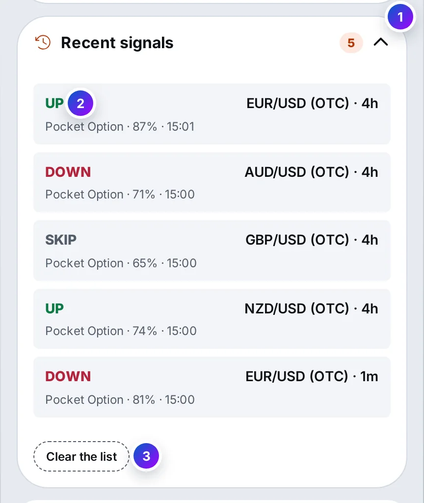 The Recent signals strip open: its count, UP, DOWN or SKIP for each earlier read with its pair, expiry, broker, strength and time