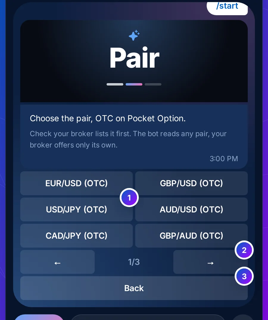 The Pair card: a picture with the word Pair and the second dash lit, six OTC currency pairs in two columns, page arrows showing 1/3, and a Back key