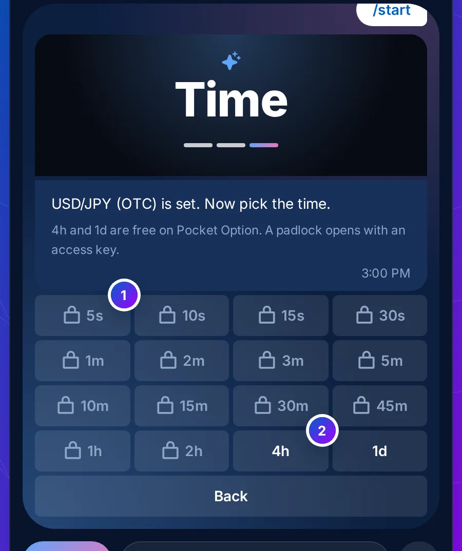 The Time card: a picture with the word Time and the third dash lit, sixteen time keys from 5s to 1d with padlocks on the faster ones, and a Back key