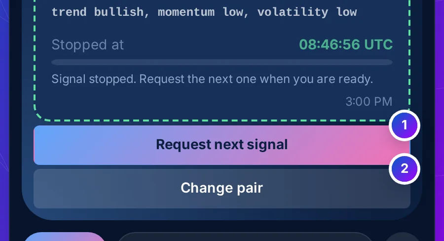The foot of an ended signal card, dimmed, its clock stopped, with Request next signal and Change pair keys under it