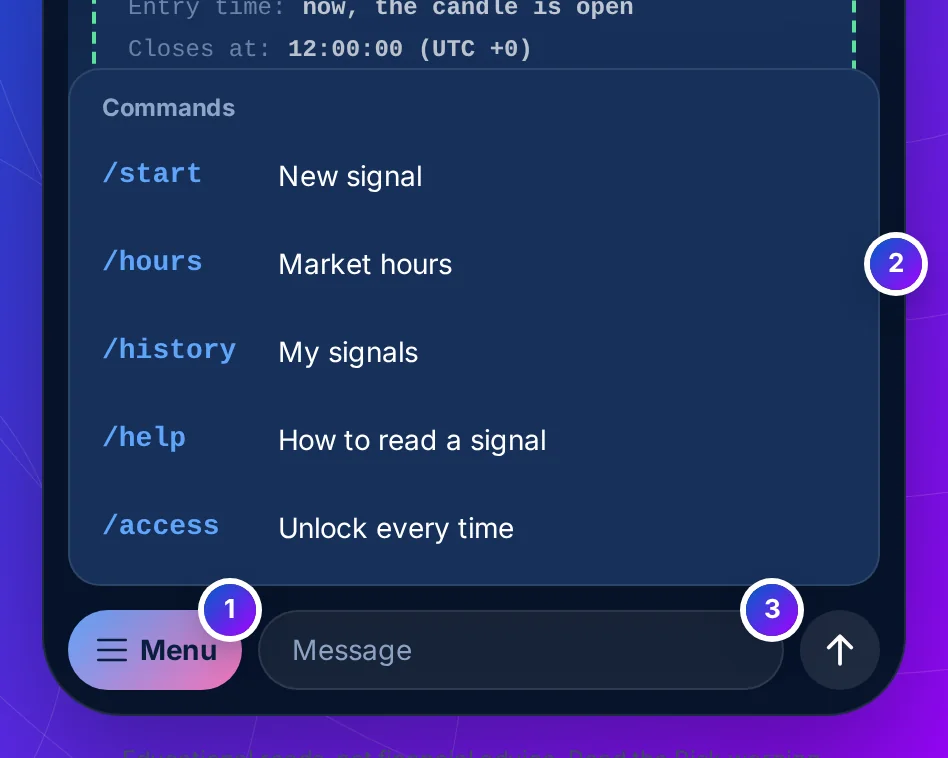 The menu open above the message box: /start, /hours, /history, /help and /access, each with what it does