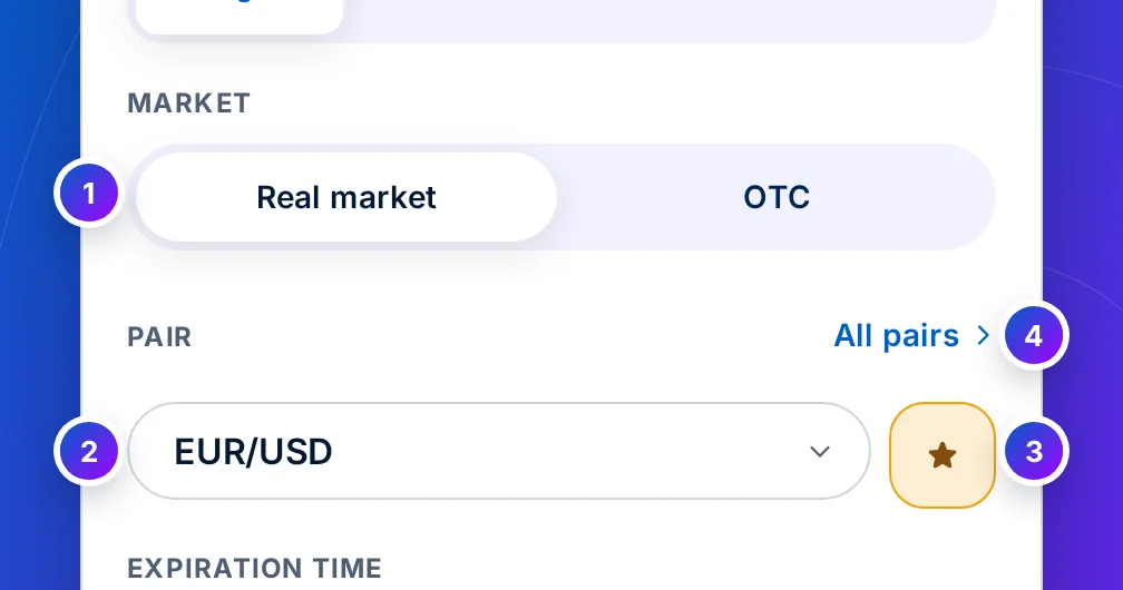 The Market switch on Real market over the pair field set to EUR/USD, with the favourite star and the All pairs link