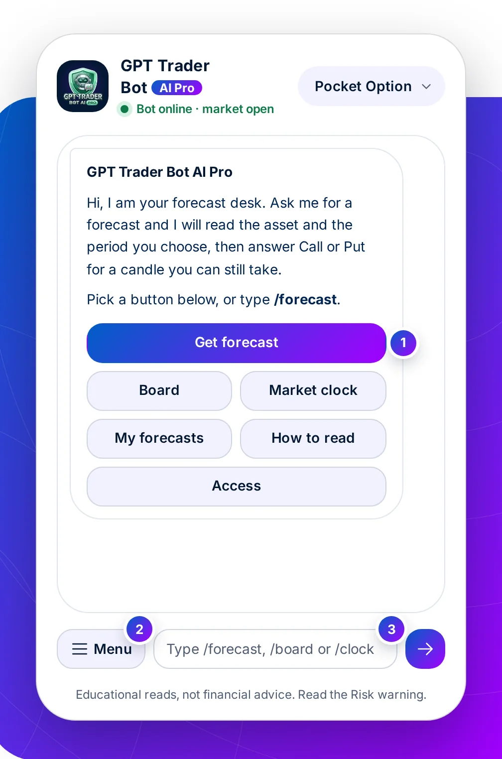 The chat's greeting with the menu keyboard: Get forecast, Board, Market clock, My forecasts, How to read and Access