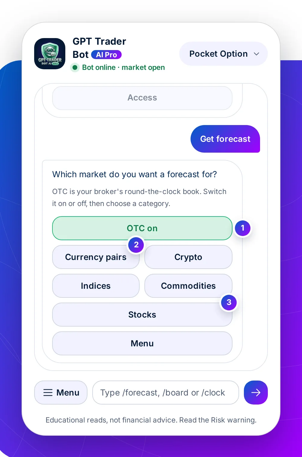 The market message: an OTC switch showing OTC on, and buttons for currency pairs, crypto, indices, commodities and stocks