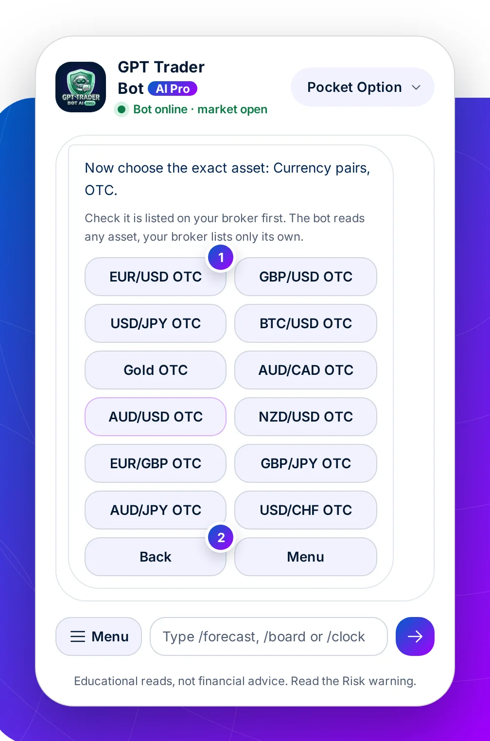 The asset message: a grid of currency pairs on the OTC market, each marked OTC, with Back and Menu buttons