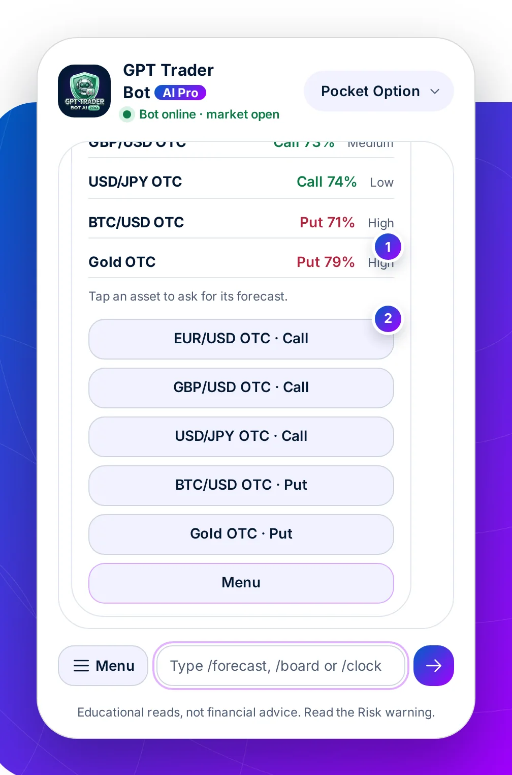 The Board message listing five assets with Call, Put or Mixed, their strength and volatility, and a key under it for each asset