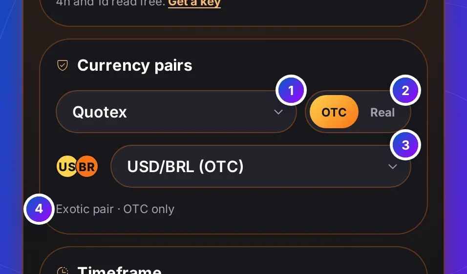 The Japanese Bot AI Master Currency pairs card: Broker set to Quotex, the OTC and Real switch on OTC, and the pair set to USD/BRL (OTC) marked Exotic pair