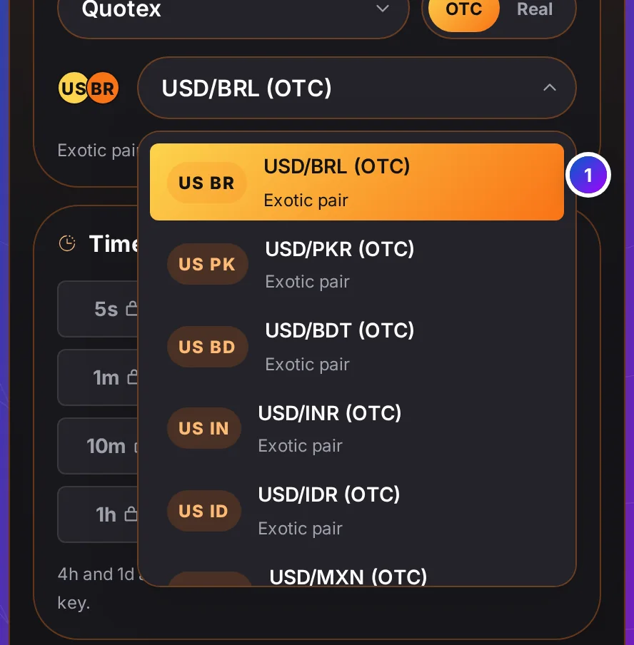 The pair list open: USD/BRL, USD/PKR, USD/BDT, USD/INR and USD/IDR marked OTC, each with its two-letter badge and Exotic pair beneath