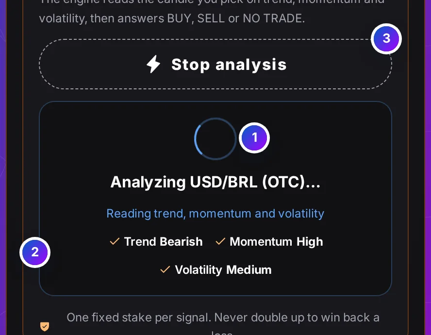The Signal generator analysing: a turning ring, Analyzing USD/BRL (OTC), and Trend and Momentum ticked with the engine's words while Volatility is still checking