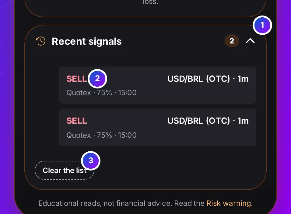The Recent signals strip open: its count, BUY or SELL for each earlier signal with its pair, timeframe, broker and time, and a Clear the list key