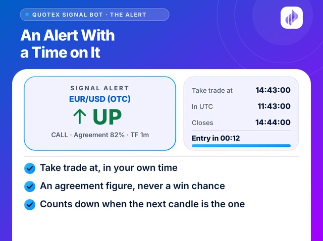 Illustration titled An Alert With a Time on It: an UP alert for EUR/USD OTC with its agreement and timer, and Take trade at 14:43 in large type