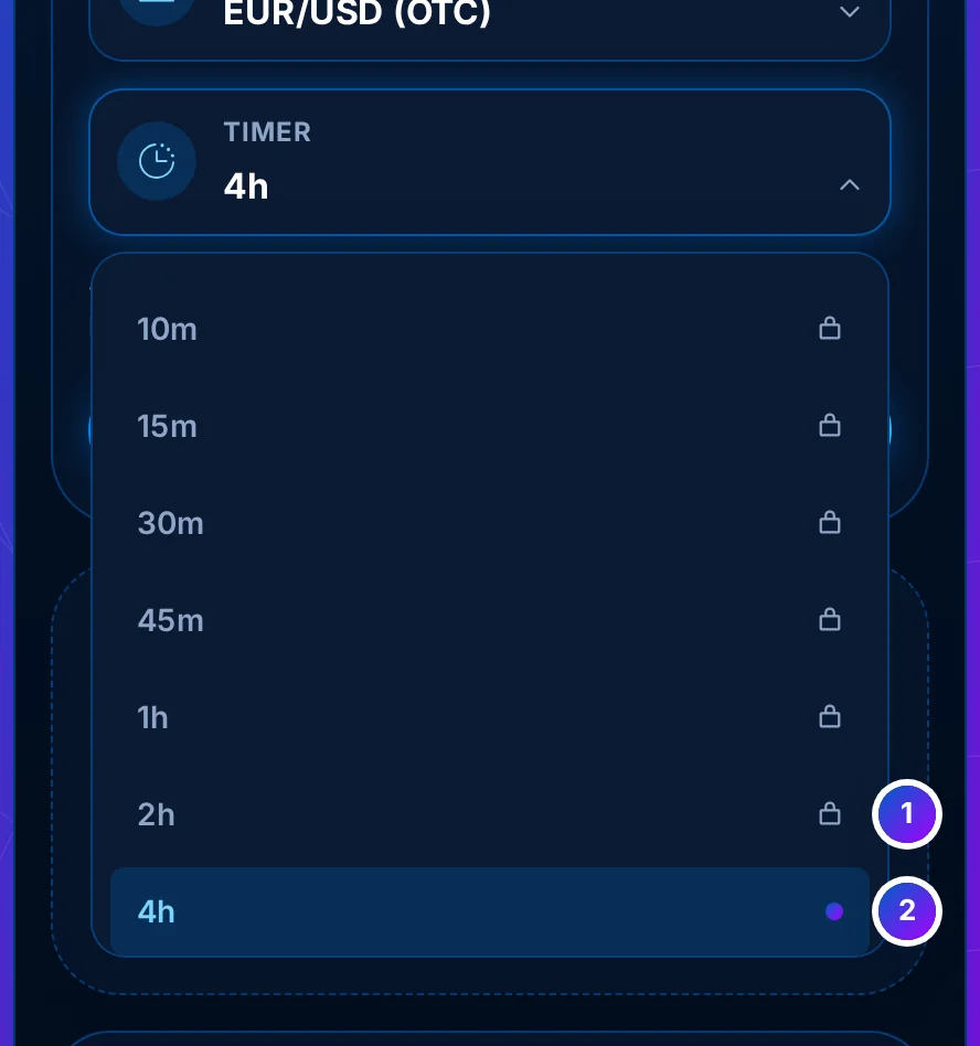 The Timer picker open: sixteen timers from 5s to 1d, padlocks on the fourteen faster ones, 4h and 1d open