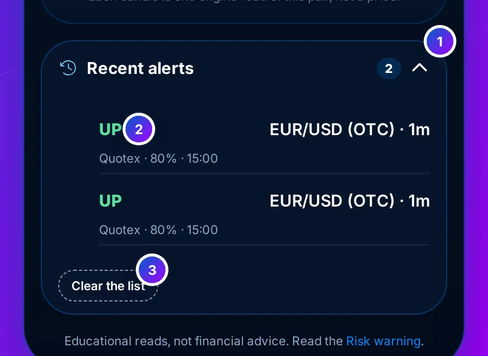 The Recent alerts strip open: its count, UP or DOWN for each earlier alert with its pair, timer, broker and time, and a Clear the list key