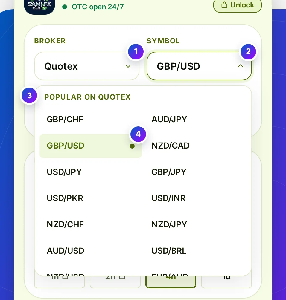 The Sami FX Bot AI setup panel on OTC with Quotex chosen and the Symbol list open: a Popular on Quotex group first, GBP/USD chosen