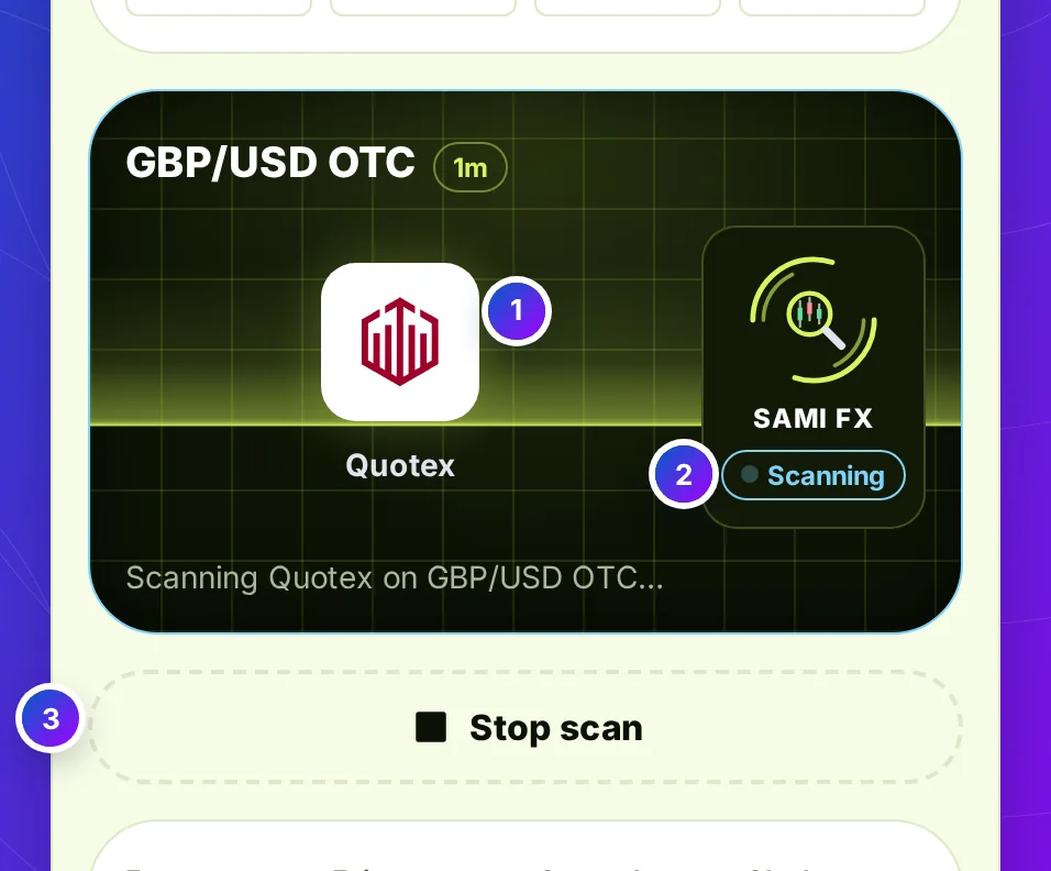 The scan screen at work: the Quotex mark in the middle, GBP/USD OTC and 1m along the top, a volt light halfway down the screen, and the widget saying Scanning