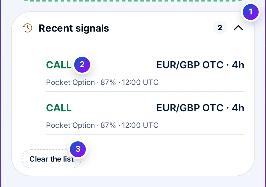 The Recent signals strip open with its count, the CALL or PUT word of each earlier signal, its pair and expiry, and a Clear the list key
