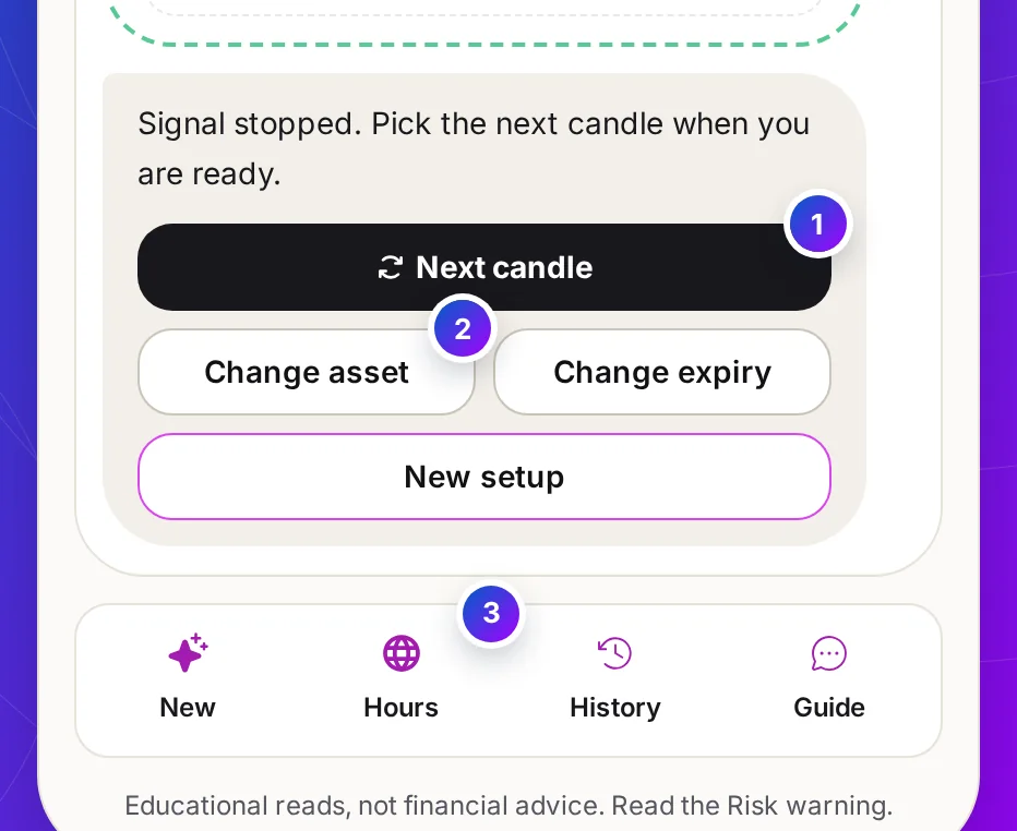 The message after a signal ended: Next candle, Change asset, Change expiry and New setup keys, with the dock of New, Hours, History and Guide under the chat
